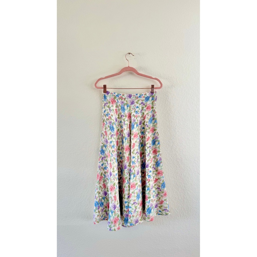 Vintage Floral Midi Skirt Womens Size 6 Pastel Rayon High Waisted A-Line 90s‎